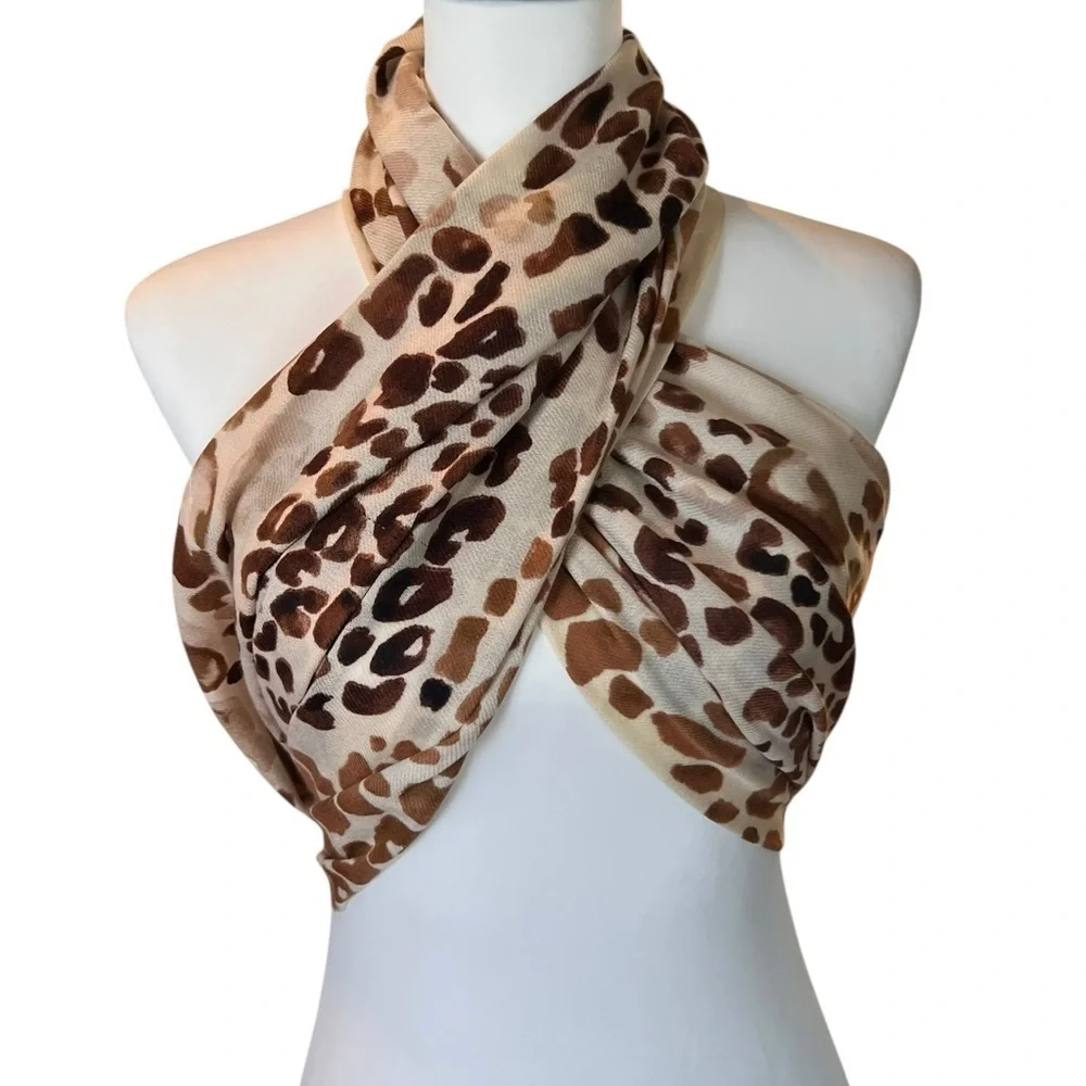 Leopard Print Fringe Scarf Wrap Shawl Neutral Tan Brown Animal Print